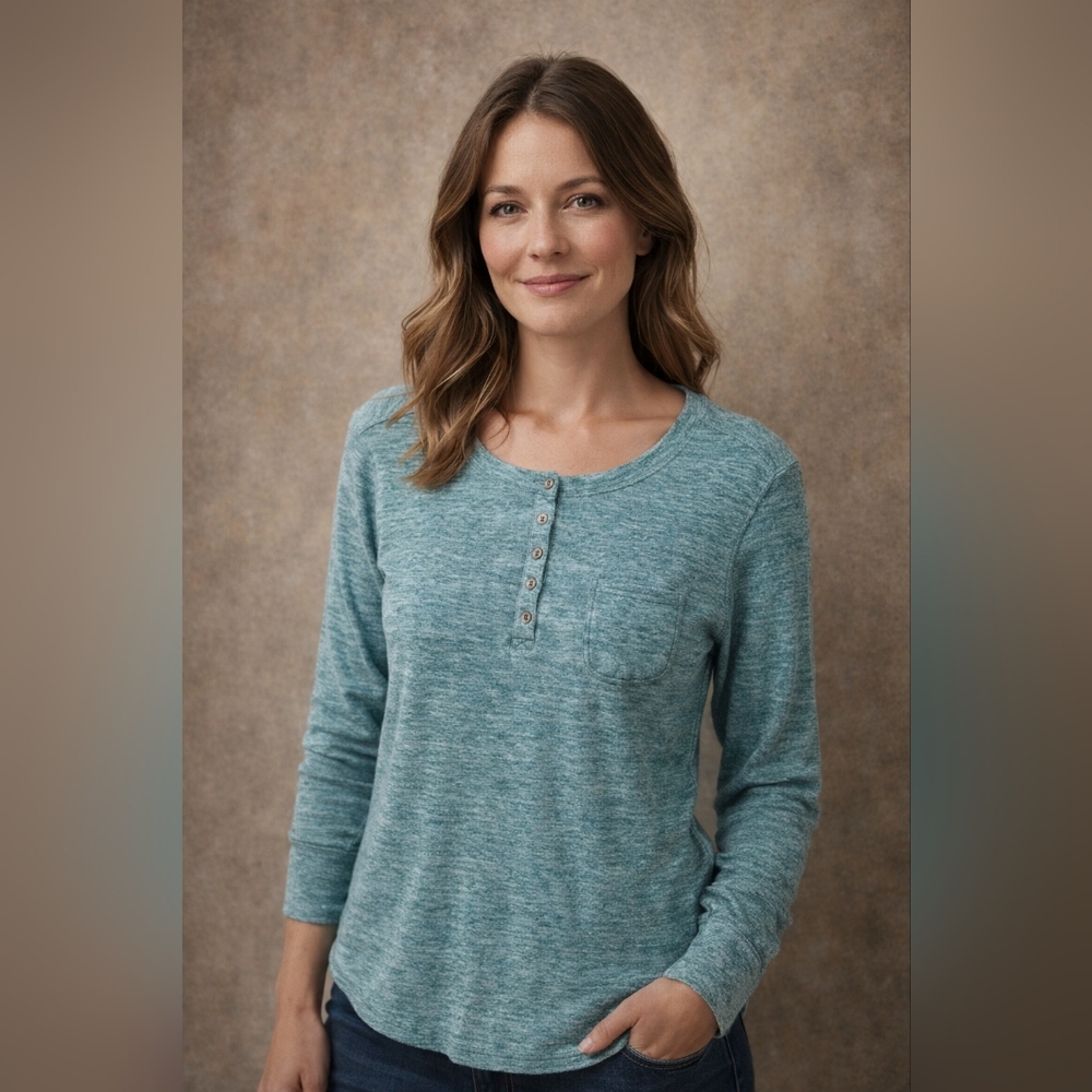 Woolrich Thermal Henley Shirt Blue Green Long Sleeve Size M Soft Knit